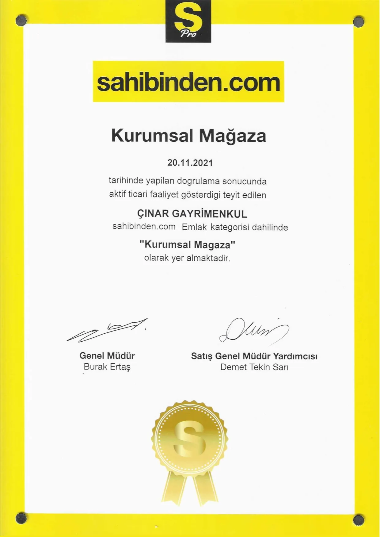 Çınar Gayrimenkul sahibinden.com Kurumsal Mağaza belgesi