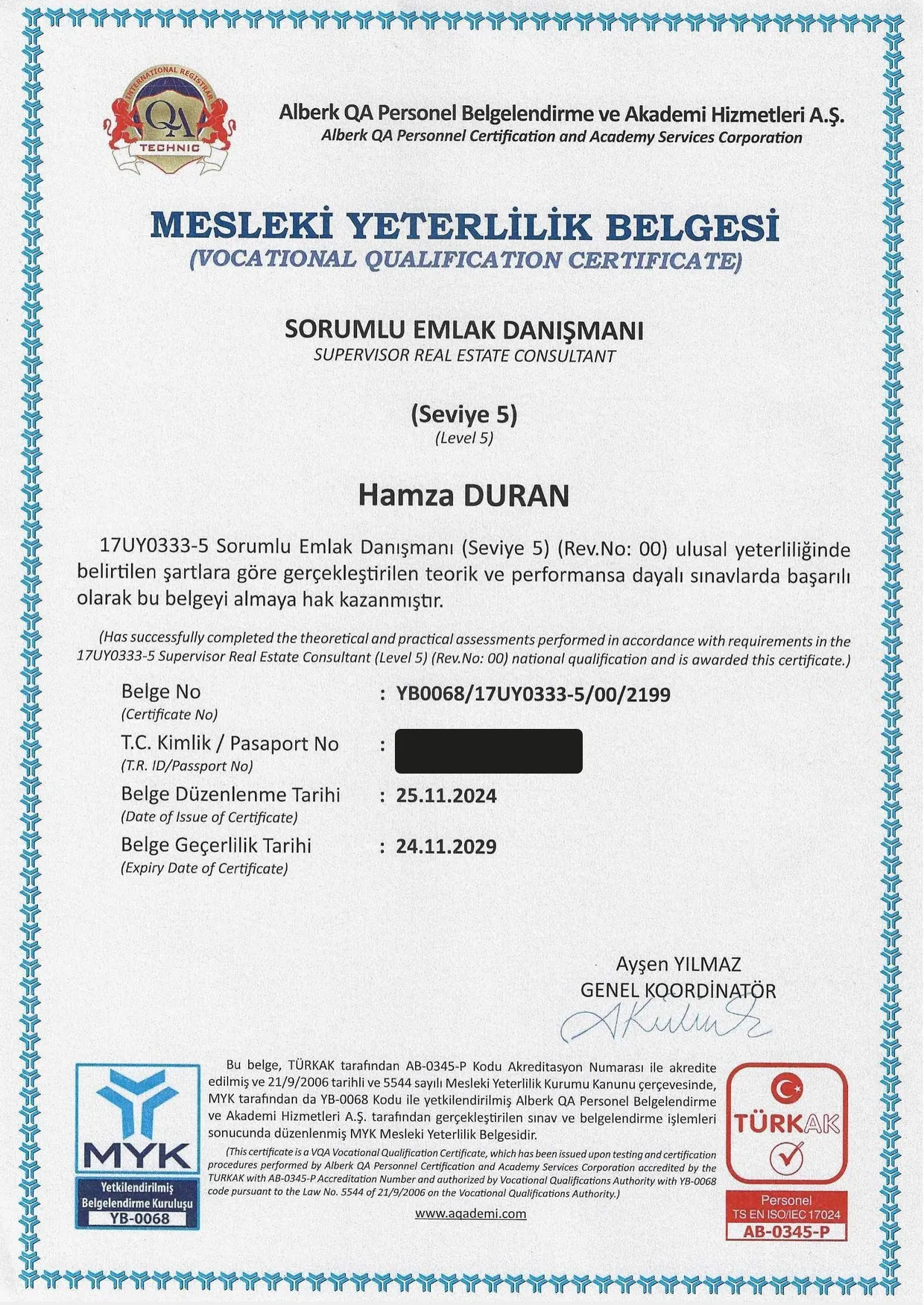 Hamza Duran Sorumlu Emlak Danışmanı Seviye 5 Mesleki Yeterlilik Belgesi