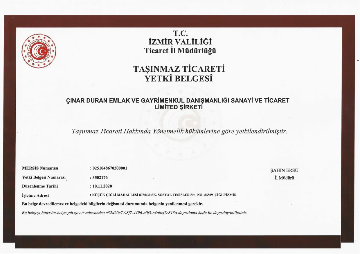 Çınar Duran Emlak Taşınmaz Ticareti Yetki Belgesi (T.C. Ticaret Bakanlığı)